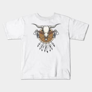 Native Americans Emblem. Bull skull and tomahawk on a shield. Kids T-Shirt